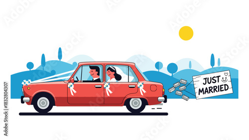 Flat vector illustration of a couple leaving in a decorated “Just Married” car, perfect for celebration graphics and honeymoon storyline visuals