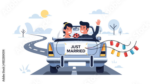 Flat vector illustration of a couple leaving in a decorated “Just Married” car, perfect for celebration graphics and honeymoon storyline visuals
