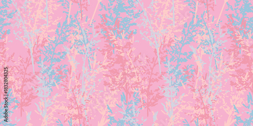 Seamless vector pattern with soft abstract botanical stems in pastel pink, peach and light blue tones, creating a gentle, airy and romantic nature inspired decorative design