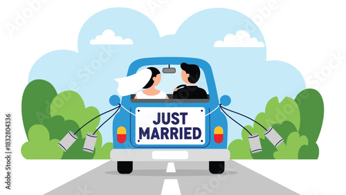 Flat vector illustration of a couple leaving in a decorated “Just Married” car, perfect for celebration graphics and honeymoon storyline visuals