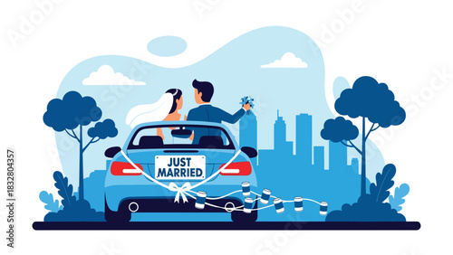 Flat vector illustration of a couple leaving in a decorated “Just Married” car, perfect for celebration graphics and honeymoon storyline visuals