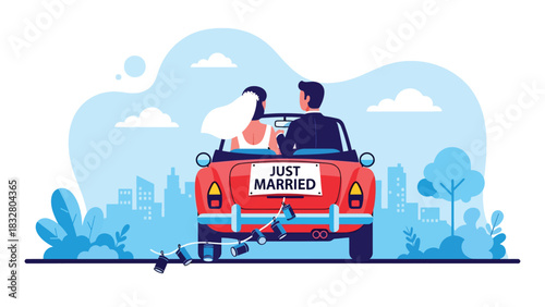Flat vector illustration of a couple leaving in a decorated “Just Married” car, perfect for celebration graphics and honeymoon storyline visuals