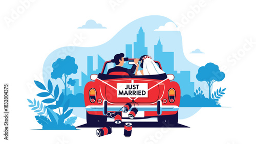 Flat vector illustration of a couple leaving in a decorated “Just Married” car, perfect for celebration graphics and honeymoon storyline visuals