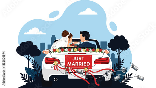 Flat vector illustration of a couple leaving in a decorated “Just Married” car, perfect for celebration graphics and honeymoon storyline visuals