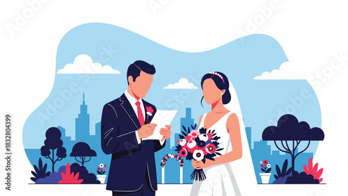 Modern flat illustration of bride and groom exchanging written vows with loving expressions, ideal for romance storytelling and wedding materials