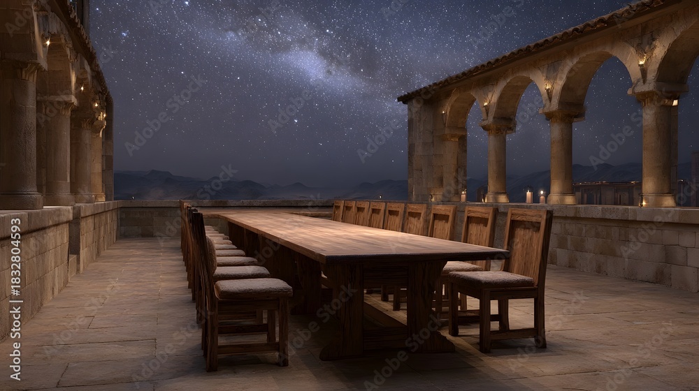 Obraz premium A long wooden banquet table with chairs is set on an ancient stone terrace under a vibrant starry night sky