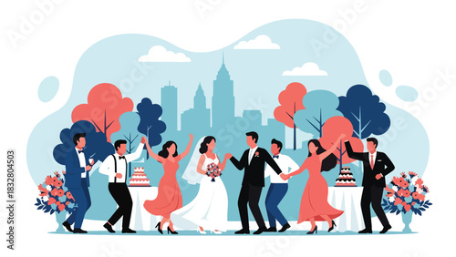Flat vector scene of bride, groom, and guests dancing at reception under lights and decor, perfect for celebration storytelling illustrations