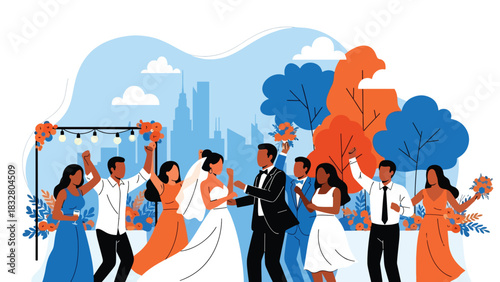 Flat vector scene of bride, groom, and guests dancing at reception under lights and decor, perfect for celebration storytelling illustrations