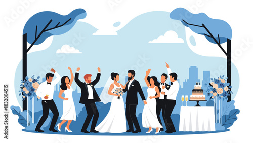Flat vector scene of bride, groom, and guests dancing at reception under lights and decor, perfect for celebration storytelling illustrations