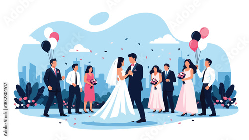 Flat vector scene of bride, groom, and guests dancing at reception under lights and decor, perfect for celebration storytelling illustrations