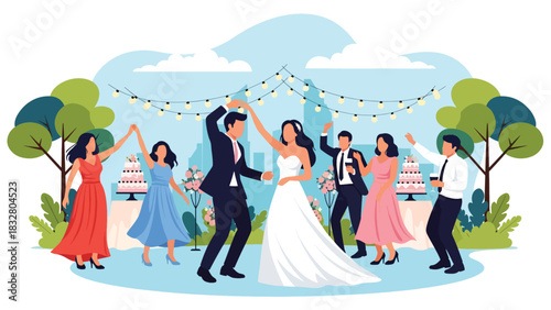 Flat vector scene of bride, groom, and guests dancing at reception under lights and decor, perfect for celebration storytelling illustrations