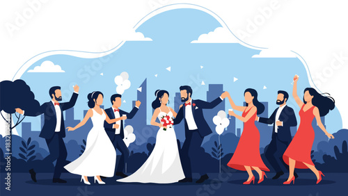 Flat vector scene of bride, groom, and guests dancing at reception under lights and decor, perfect for celebration storytelling illustrations