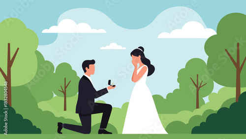 Flat vector romantic scene of proposal with groom kneeling and bride reacting with joy, perfect for wedding storytelling and relationship visuals