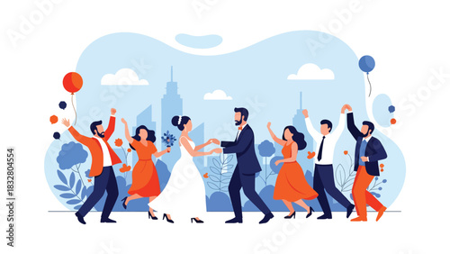 Flat vector scene of bride, groom, and guests dancing at reception under lights and decor, perfect for celebration storytelling illustrations