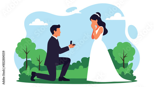 Flat vector romantic scene of proposal with groom kneeling and bride reacting with joy, perfect for wedding storytelling and relationship visuals