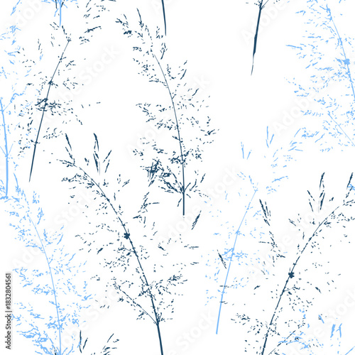 Seamless vector botanical pattern with delicate airy stems in soft blue tones on a clean white background. Elegant minimal nature inspired design for textiles, wallpapers, packaging and decor