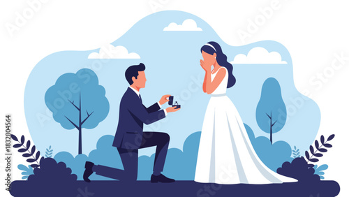 Flat vector romantic scene of proposal with groom kneeling and bride reacting with joy, perfect for wedding storytelling and relationship visuals