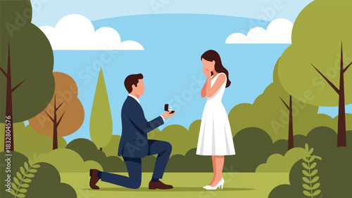 Flat vector romantic scene of proposal with groom kneeling and bride reacting with joy, perfect for wedding storytelling and relationship visuals