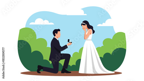 Flat vector romantic scene of proposal with groom kneeling and bride reacting with joy, perfect for wedding storytelling and relationship visuals