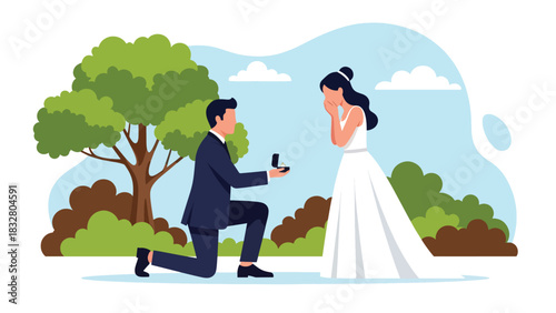 Flat vector romantic scene of proposal with groom kneeling and bride reacting with joy, perfect for wedding storytelling and relationship visuals