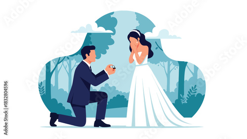 Flat vector romantic scene of proposal with groom kneeling and bride reacting with joy, perfect for wedding storytelling and relationship visuals