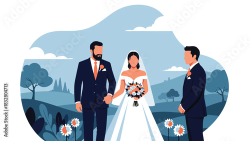 Flat vector emotional wedding moment of father walking bride down the aisle toward groom, ideal for storytelling and romantic event branding