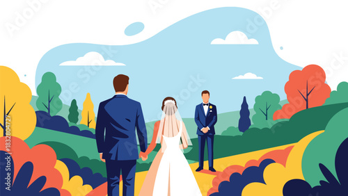 Flat vector emotional wedding moment of father walking bride down the aisle toward groom, ideal for storytelling and romantic event branding