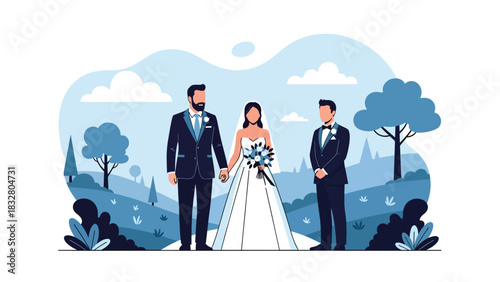 Flat vector emotional wedding moment of father walking bride down the aisle toward groom, ideal for storytelling and romantic event branding