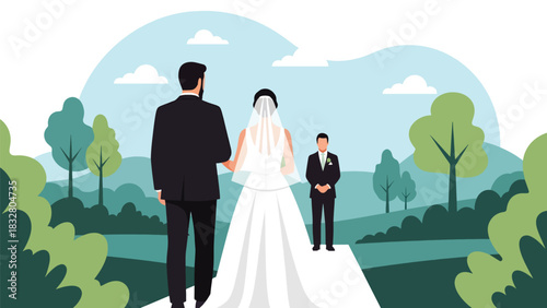 Flat vector emotional wedding moment of father walking bride down the aisle toward groom, ideal for storytelling and romantic event branding