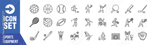 Dynamic sports equipment icon set for active lifestyle brands, energetic team logos, and fitness apps; engaging visuals for sports blogs and athletic gear promotions