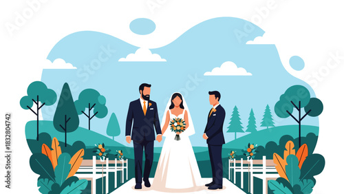 Flat vector emotional wedding moment of father walking bride down the aisle toward groom, ideal for storytelling and romantic event branding