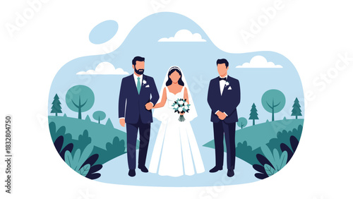 Flat vector emotional wedding moment of father walking bride down the aisle toward groom, ideal for storytelling and romantic event branding