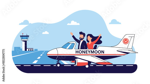 Flat vector wedding illustration of couple leaving for honeymoon by plane, ideal for romantic storytelling, travel, and celebration themes