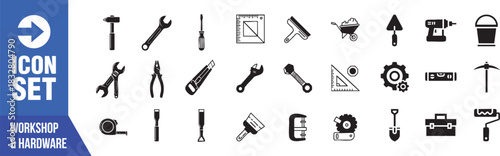 Versatile workshop tool icons for diverse projects, perfect for construction, repair, and DIY designs. Modern hardware symbols, ideal for websites and print materials