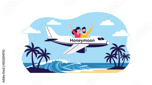 Flat vector wedding illustration of couple leaving for honeymoon by plane, ideal for romantic storytelling, travel, and celebration themes