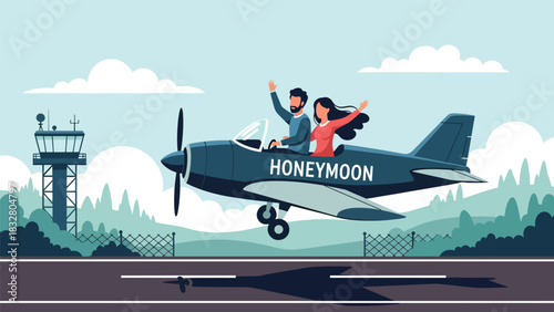 Flat vector wedding illustration of couple leaving for honeymoon by plane, ideal for romantic storytelling, travel, and celebration themes