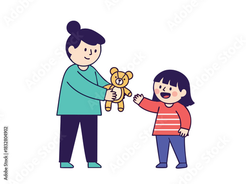 A parent offering a teddy bear toy to their child in a heartwarming gesture of love and playtime