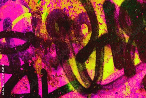Vibrant graffiti art in neon pink, yellow, black. 80s urban style, fluorescent glow, expressive strokes. Street art, urban decor, creative flyers, modern 90s visuals.