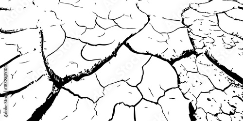 Minimalist cracked earth texture in black and white, featuring dried soil patterns with bold contrast. High-resolution abstract background ideal for environmental, nature, and design themes.