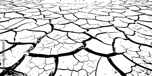Minimalist cracked earth texture in black and white, featuring dried soil patterns with bold contrast. High-resolution abstract background ideal for environmental, nature, and design themes.