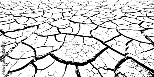 Minimalist cracked earth texture in black and white, featuring dried soil patterns with bold contrast. High-resolution abstract background ideal for environmental, nature, and design themes.
