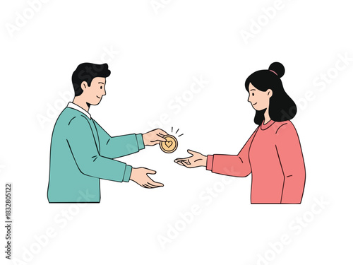 Person Giving a Coin to Another Person Illustration