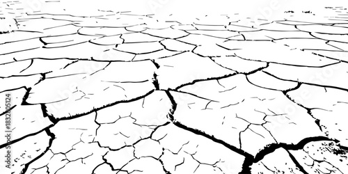 Minimalist cracked earth texture in black and white, featuring dried soil patterns with bold contrast. High-resolution abstract background ideal for environmental, nature, and design themes.