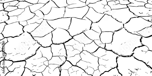 Minimalist cracked earth texture in black and white, featuring dried soil patterns with bold contrast. High-resolution abstract background ideal for environmental, nature, and design themes.
