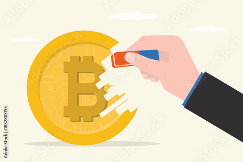 Businessman hand uses eraser and removed giant Bitcoin symbol. Financial risk and global economic money problem, bankruptcy, unpaid loan debt, investment failure.