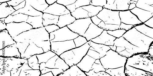 Minimalist cracked earth texture in black and white, featuring dried soil patterns with bold contrast. High-resolution abstract background ideal for environmental, nature, and design themes.