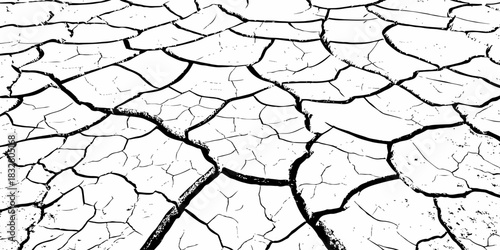 Minimalist cracked earth texture in black and white, featuring dried soil patterns with bold contrast. High-resolution abstract background ideal for environmental, nature, and design themes.