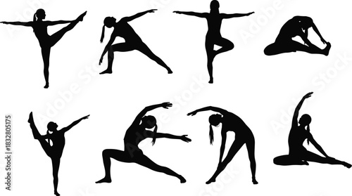 Dynamic silhouette poses for yoga or fitness instruction, showing flexibility, balance, and well being in a modern, vector-based design