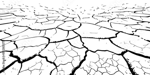 Minimalist cracked earth texture in black and white, featuring dried soil patterns with bold contrast. High-resolution abstract background ideal for environmental, nature, and design themes.
