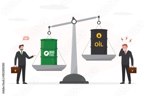 Oil barrel and environmentally friendly fuel on the scales. Source of fuel energy and biofuels. Business and industry transition to clean alternative energy source.